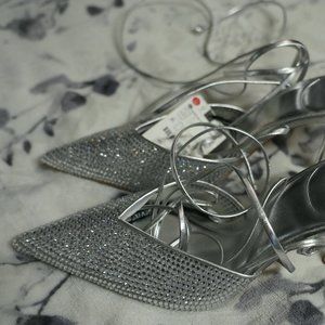 Zara - Silver Rhinestone ankle lace up wrap stiletto heels